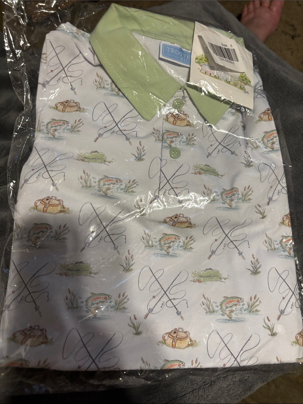Trotters Boys White Polo with Light Green Collar and Fishing Print